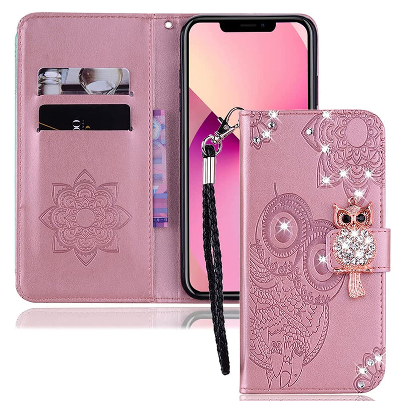 Cotdinfor Compatible With Iphone 13 Pro Max Case Glitter Wallet Case For Women Leather Crystal Owl Embossed With Card Slots And Stand Flip Shockproof Case For Iphone 13 Pro Max 6 7 Inch Rose Gold Yk