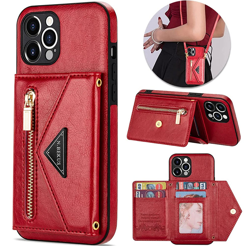 Kudex Wallet Case For Iphone 13 Pro Max Slim Fit Card Holder Case With Crossbody Strap Leather Magnetic Handbag Protective Folding Case Cover For Women Girl For Iphone 13 Pro Max 6 7 2021Red