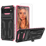 For Pixel 6 Case With Tempered Glass Screen Protector 2 Pack Heavy Duty Dual Layer Rugged Hybrid Sturdy Wallet Case Card Slot2 Cards With Stand Kickstand Cover For Google Pixel 6 Case Pink