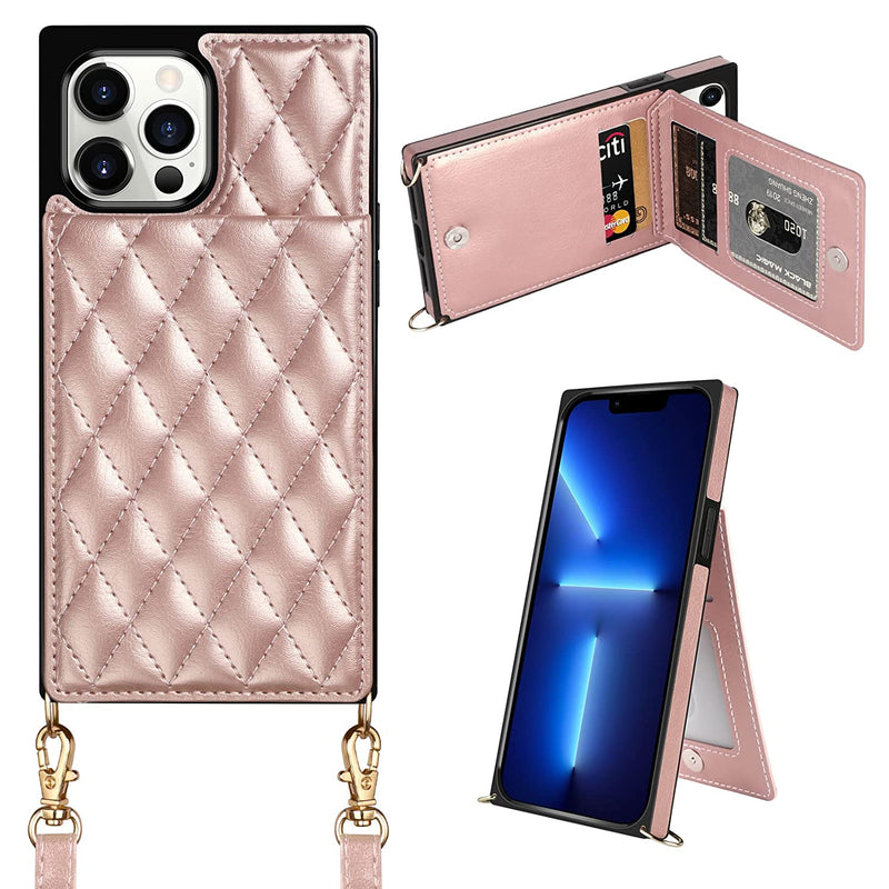 Designed For Iphone 13 Pro Case Wallet Quilted Leather Women Luxury Phone Cover Crossbody Strap Kickstand Armor Card Holder Slots Slim Case For Iphone 13 Pro 6 1 Inch Rose Gold