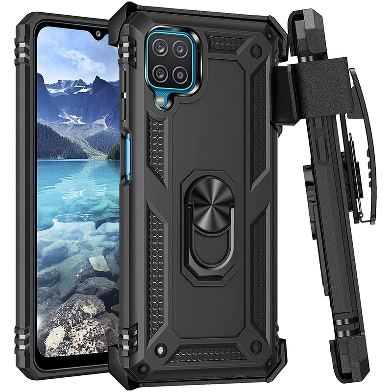For Samsung Galaxy A12 Case With Belt Clip Holster Military Grade Heavy Duty Phone Case Kickstand Function And Work With Magnetic Car Mount Shockproof Cover For Samsung Galaxy A12 Black
