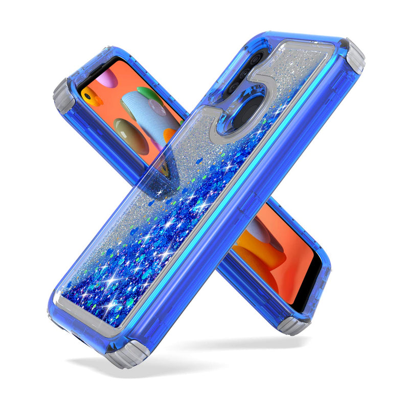 Cell Phone Case For Samsung Galaxy A11 Heavy Duty Hybrid 3 In 1 Case With Glitter Sparkle Floating Quicksand Liquid Shockproof Protective Case Cover Blue