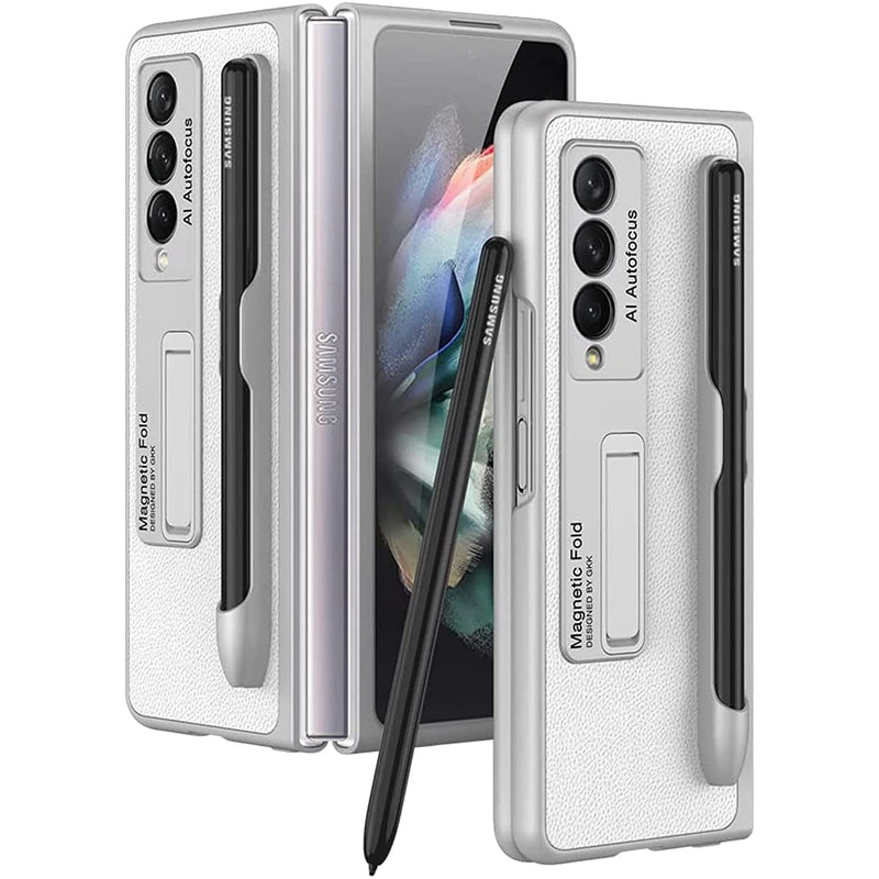 Miimall Compatible Samsung Galaxy Z Fold 3 Case Leather Pattern Ultra Thin Full Protection Luxury Bumper With Magnetic Kickstand Protective Case Cover For Z Fold 3 5Gsilver