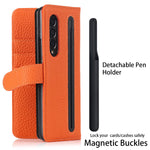 Cavor For Samsung Galaxy Z Fold 3 Wallet Case With Detachable S Pen Holder Genuine Leather Case With Card Slots And Kickstand Feature Flip Cover Case Orange