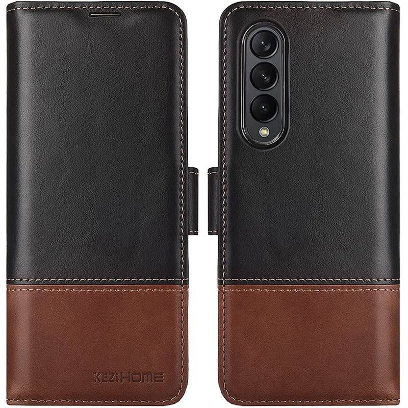 Kezihome Samsung Galaxy Z Fold 3 5G Case Genuine Leather Galaxy Z Fold 3 Wallet Case Rfid Blocking With Card Slot Flip Kickstand Phone Cover Compatible With Galaxy Z Fold 3 2021 Black Brown
