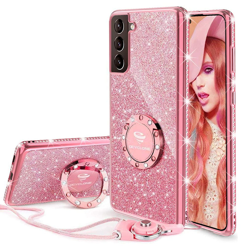 Ocyclone For Galaxy S21 Plus Case Glitter Cute Phone Case With Ring Kickstand For Women Girls Bling Diamond Rhinestone Bumper Soft Case For Samsung Galaxy S21 Plus 6 7 2021 Released Rose Gold