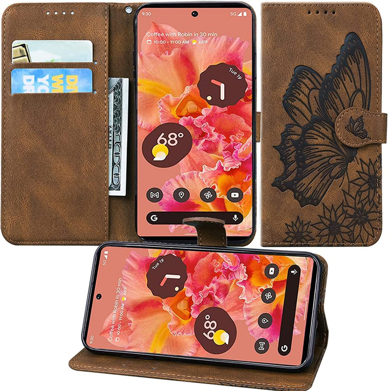 Cotdinfor Compatible With Google Pixel 6 Case Leather With Kickstand With Card Holder Magnetic Flip Embossing Butterfly Shockproof Protective Wallet Case For Google Pixel 6 Retro Browm Cy