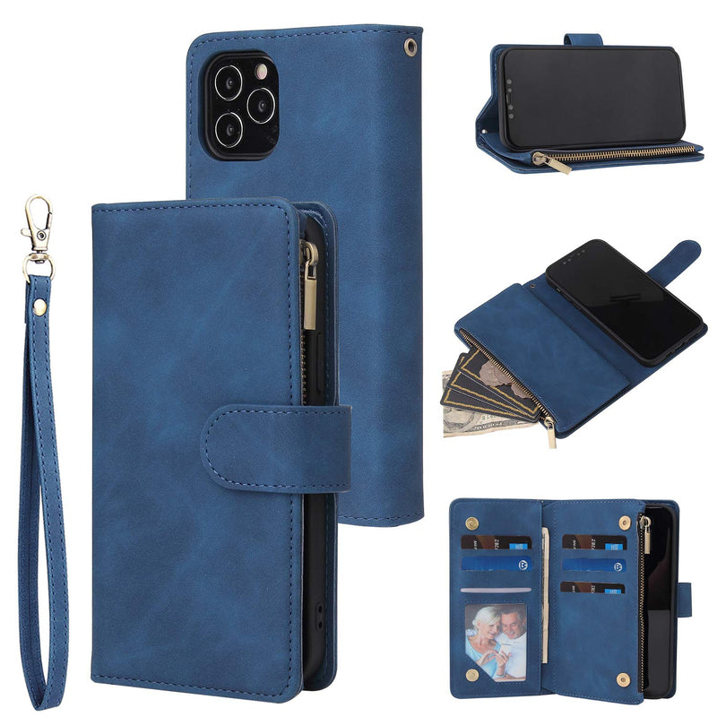 Qltypri Wallet Case For Iphone 13 Pro Max Premium Vintage Pu Leather Zipper Pocket With Card Holder Slots Magnetic Closure Kickstand Wrist Strap Shockproof Flip Folio Case For Blue