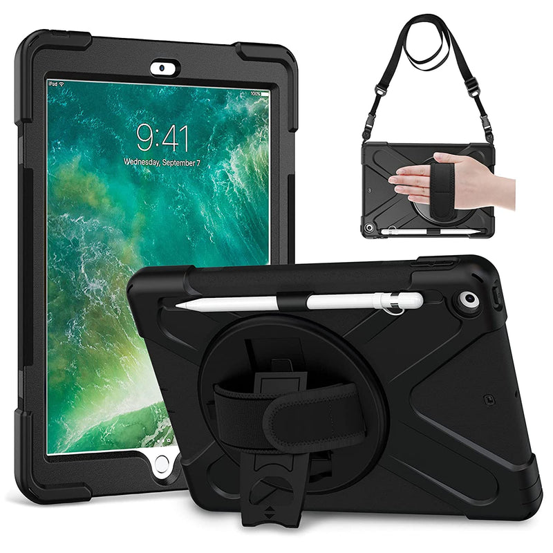 New Ipad Case 5Th 6Th Generation 9 7 Inch With Pencil Holder 3 Layer Structure Shockproof Ipad 9 7 2018 2017 Case With Rotatable Kickstand Shoulder Han