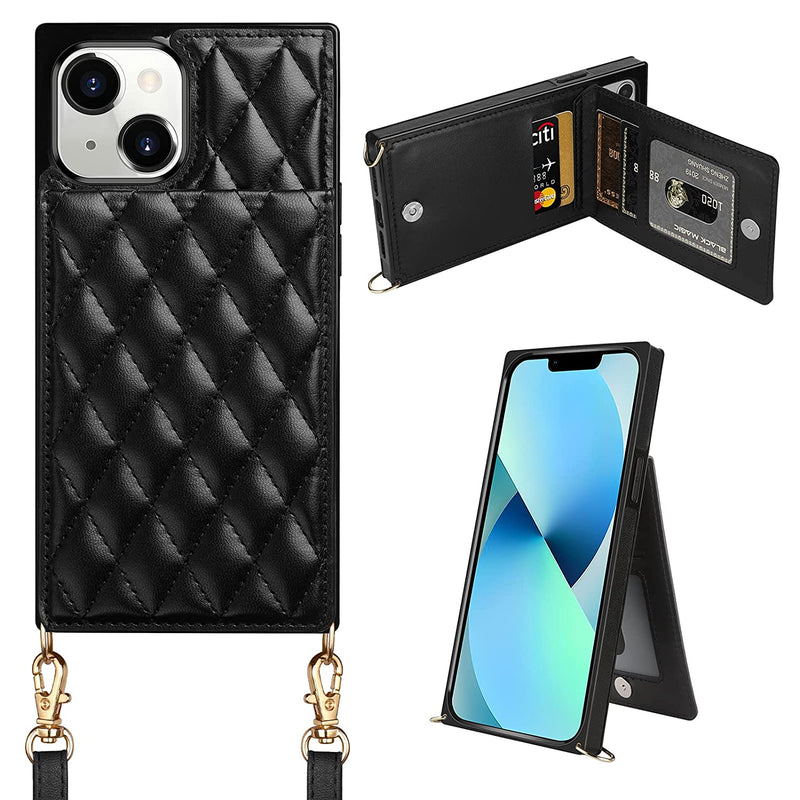 Designed For Iphone 13 Case Wallet Quilted Leather Women Luxury Phone Cover Crossbody Strap Kickstand Slim Square Armor Card Holder Slots Case For Iphone 13 6 1 Inch Black