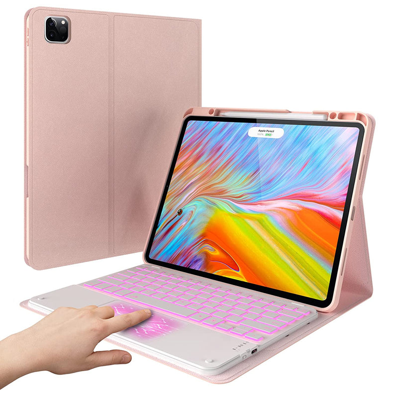 Keyboard For Ipad Pro 12 9 2021 5Th Generation 2020 4Th Gen 2018 3Rd Gen Touchpad Leather Folio Cover For Ipad Pro 12 9 Case With Keyboard Wireless Charging Pen Holder Pink