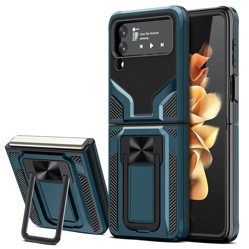 Z Flip 3 Case Jiunai Dual Layer Hybrid Built In Kickstand Car Mount Supported Heavy Duty Bumper Non Slip Grip Protective Rubber Hard Pc Shell Phone Cover Case For Samsung Galaxy Z Flip 5G Cyan