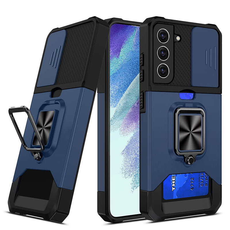 Caka For Samsung Galaxy S21 Fe Case With Slide Camera Cover Ring Stand Kickstand Military Grade Protective Wallet Phone Case With Magnetic Stand Card Holder Slot For Samsung Galaxy S21 Fe 5G Blue