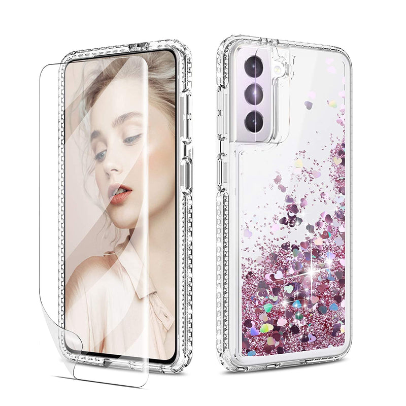 Elegant Choise Case For Samsung Galaxy S21 Case Liquid Glittery With Screen Protector And Camera Lens Protector For Girls Women Flowing Floating Bling Sparkling Shiny Crystal Phone Case Cover Clear