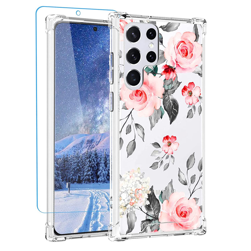 Designed For Galaxy S22 Ultra Case Samsung S22 Ultra 5G Case Pink Flower Roses Blossom Clear Design Shock Proof Phone Bumper With Screen Protector Soft Tpu Women Girl Cover Case For Galaxy S22 Ultra