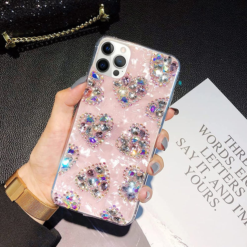 Guppy Compatible With Iphone 13 Pro Max Marble Case Luxury 3D Cute Bling Diamond Heart Pearl Luster Shiny Handmade Rhinestone 6 7 Inch Pink Ql3306 I13Pm 1