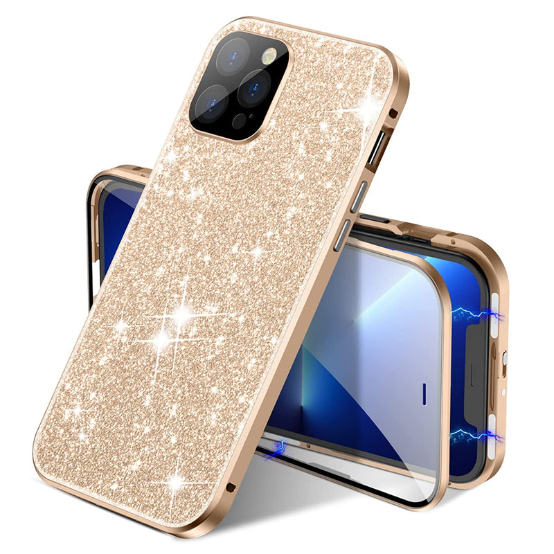 Case For Iphone 13 Pro Max Jonwelsy 360 Degree Full Body Protection Case Magnetic Attraction Metal Bumper Front Glass Plating Back Cover With Lens Protector For Iphone 13 Pro Max 6 7 Bling Gold