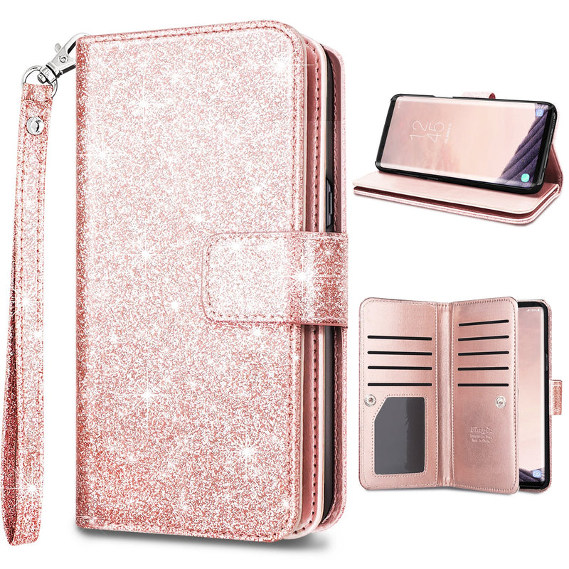 Samsung S9 Galaxy S9 Wallet Case Luxury Glitter Wallet Case Nickel Plated Press Studcash Holderwrist Strapmagnetic Snap Closure Protective Cover For Samsung Galaxy S9 5 8Inch Rose Gold