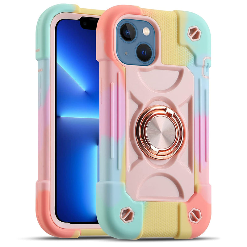 Markill Compatible With Iphone 13 Case 6 1 Inch With Built In 360 Rotating Ring Stand Military Grade Drop Protection Full Body Rugged Heavy Duty Protective Durable Cover For Iphone 13 Rainbow Pink