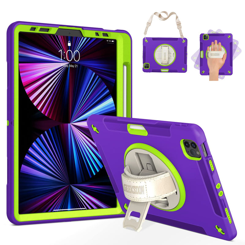 Case For Ipad Pro 11 2021 3Rd Generation Military Grade Triple Defence Protective Cover With Pencil Holder Rotating Stand Hand Shoulder Strap Purple Green