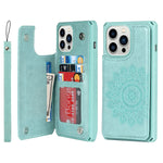 Jaorty Fit Iphone 13 Pro Max Wallet Case With Rfid Blocking Card Holder Pu Leather Double Magnetic Buttons Stand Flip Wrist Lanyard Strap Back Cover For Iphone 13 Pro Max 6 7 Inch Mandala Print Green
