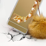 Guppy For Iphone 13 Pro Max Makeup Mirror Plush Case For Women Girls Luxury Pearl Chain Holder Hand Strap Fur Furry Ball Hairy Fluffy Soft Silicone Protective Cover 6 7 Inch Gold Ql3267 I13Pm 1
