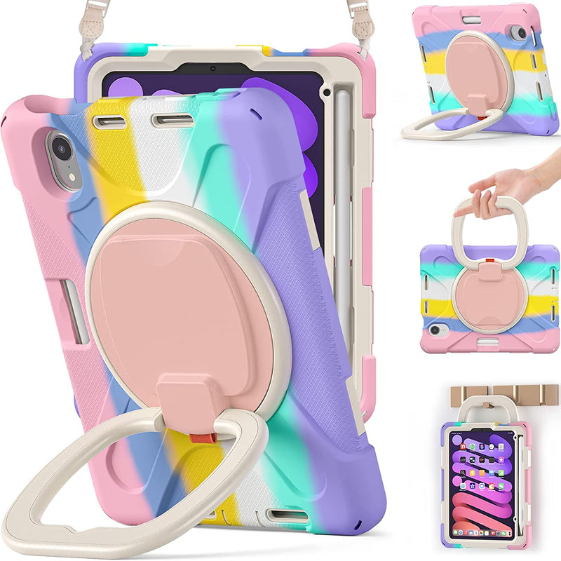 New Ipad Mini 6 Case 2021 Stable Rotating Stand Shoulder Strap Pencil Holder Shockproof Kids Case For Ipad Mini 6Th Generation 8 3 Inch Rainbow Pink
