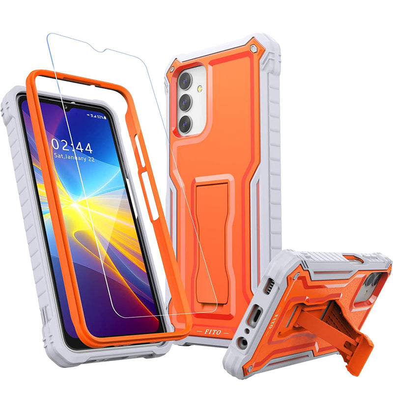 Fito For Samsung Galaxy A13 Case Dual Layer Shockproof Heavy Duty Case With Glass Screen Protector For Samsung A13 5G Phone Built In Kickstand Orange