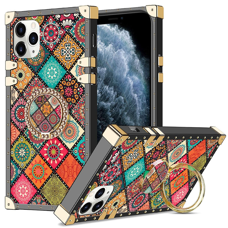 For Iphone 11 Pro Max Case With Ring Holder Square Edge For Women Retro Flower Soft Protective Kickstand Case Metal Reinforced Corners Shockproof Cover For Iphone 11 Pro Max 6 5Inch Mandala