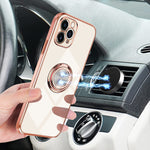 Omorro For Iphone 11 Pro Case With Ring Built In 360 Degree Rotation Ring Kickstand Cover Case With Shiny Plating Rose Gold Edge Work With Magnetic Car Mount Slim Soft Tup Case For Women Girls White