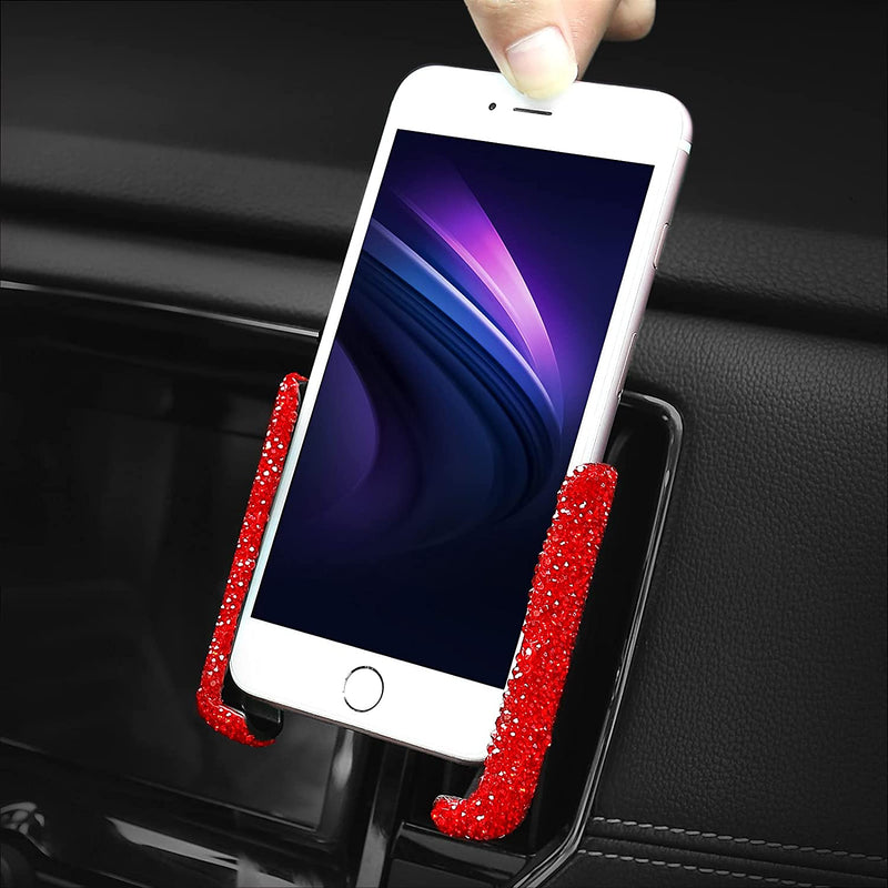 Bling Car Mount Stand Phone Holder Universal Crystal Rhinestone Cell Phone Holder Mini Car Dash Air Vent 360 Adjustable Auto Phone Mount Car Accessories For Women Girls Red