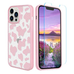 Ook Iphone 13 Pro Max Case Clear With Pink Cow Print Pattern Design Case For Women Shockproof Scratch Resistant Slim Fit Protective Phone Case With Tempered Film
