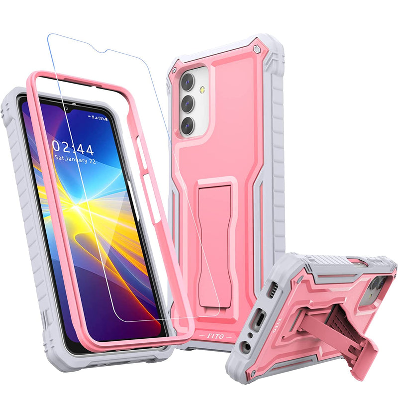 Fito For Samsung Galaxy A13 Case Dual Layer Shockproof Heavy Duty Case With Glass Screen Protector For Samsung A13 5G Phone Built In Kickstand Pink