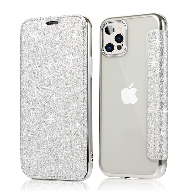 MuZiFei for iPhone 13 Pro Max Wallet Case with Clear,Bling PU Leather Folio Flip Thin Slim Case with Card Slot and Clear Soft TPU Back Cover Shell for Apple iPhone 13 Pro Max 6.7"(Glitter Silver)