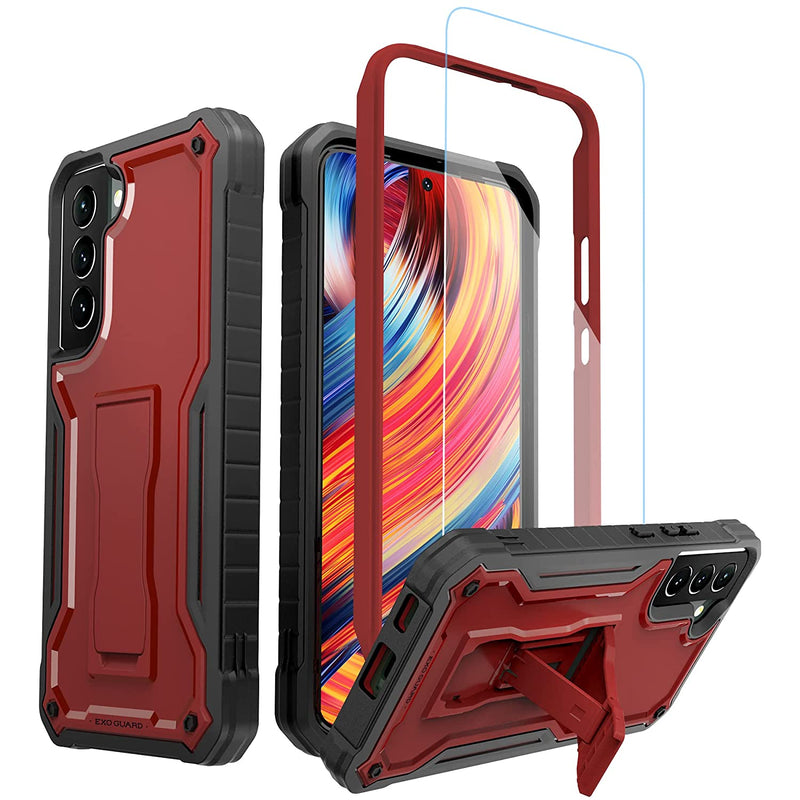 Exoguard For Samsung Galaxy S22 Plus Case Rubber Shockproof Heavy Duty Case With Screen Protector For Samsung S22 Plus Phone Built In Kickstand Red
