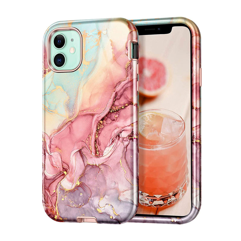 Iphone 11 Case Marble Pattern 3 In 1 Heavy Duty Shockproof Full Body Rugged Hard Pc Soft Silicone Drop Protective Women Girls Cover For Iphone 11 6 1 Inch Rose Gold