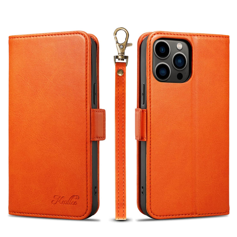Keallce Iphone 13 Pro Max Flip Phone Case Pu Leather Folio Case Wallet With Kickstand Card Holder 3 Card Slotsmagneticwrist Strap Shockproof Wallet Cover Case For Iphone 13 Pro Max 6 7 Orange