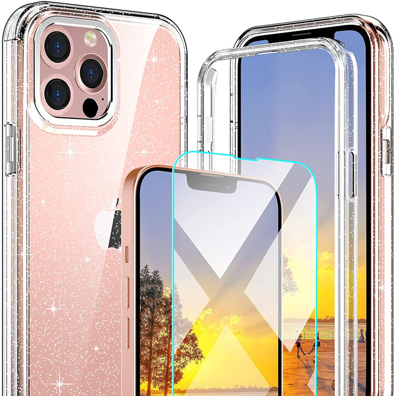 Hocase For Iphone 13 Pro Max Case With Screen Protector Shockproof Slim Soft Tpu Hard Plastic Full Body Protective Case For Iphone 13 Pro Max 6 7 Display 2021 Clear Silver Glitters