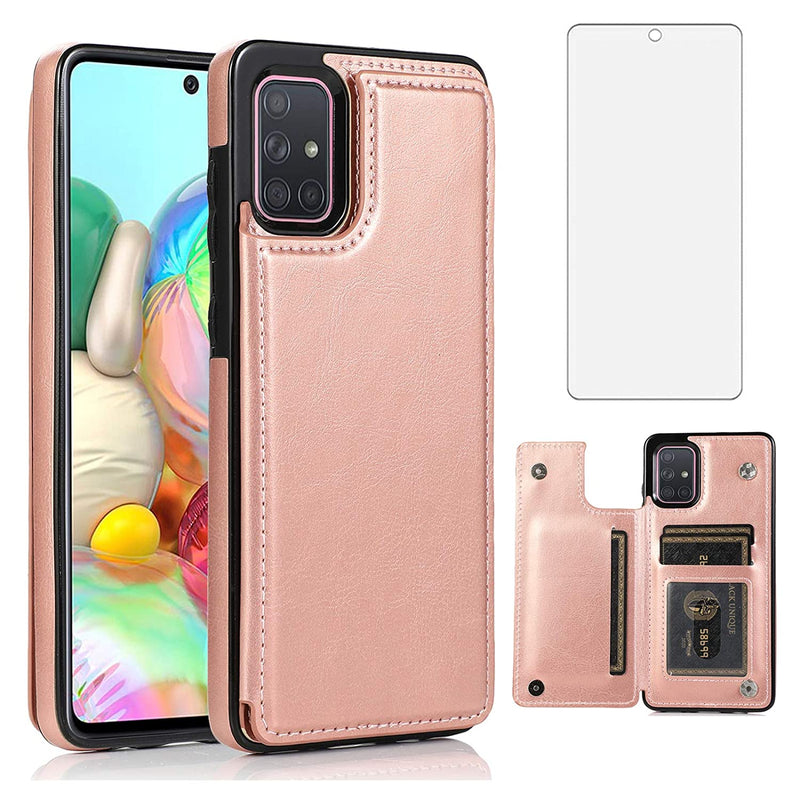 Samsung Galaxy A71 5G Wallet Case And Tempered Glass Screen Protector Card Holder Cover Stand Flip Leather Cell Phone Cases For Glaxay A 71 G5 Gaxaly 71A Women Men Rose Gold