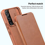 Nillkin For Samsung Galaxy S22 Case With Camera Cover And Card Holder Pu Leather Case With Flip Cover And Slide Camera Protection Durable Shockproof Cover Brown