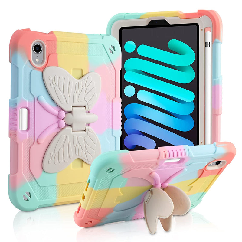 New For Ipad Mini 6 Case With Kickstand Butterfly Wings Pencil Holder Heavy Duty Hard Rugged Protective Cover For Kids Girls For Ipad Mini 6 Generation8