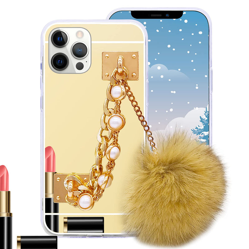 Guppy For Iphone 13 Pro Max Makeup Mirror Plush Case For Women Girls Luxury Pearl Chain Holder Hand Strap Fur Furry Ball Hairy Fluffy Soft Silicone Protective Cover 6 7 Inch Gold Ql3267 I13Pm 1