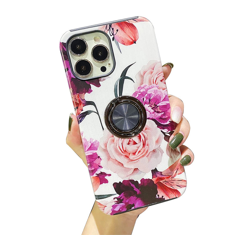 Lming Compatible With Iphone 13 Pro Max 5G Case Cute Flowers Magnetic Kickstand Stylish Ring Finger Grip Loop Soft Shockproof Tpu Edge Bumper Rugged Pc Dual Layer Cover 6 7Inch Peony