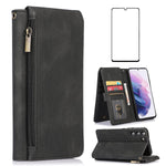Compatible With Samsung Galaxy S22 5G Wallet Case And Tempered Glass Screen Protector Zipper Leather Flip Cover Card Holder Stand Cell Accessories Phone Cases For Glaxay S 22 G5 Women Men Black