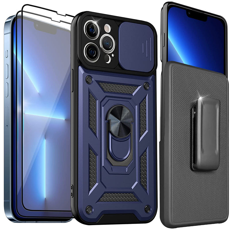 Lsgtt Case For Iphone 13 Pro Max With Belt Clip Holster Slide Camera Cover Kickstand Two Screen Protector Built In 360 Rotate Ring Stand Car Mount Supported Dustproof Blue Iphone 13 Pro Max