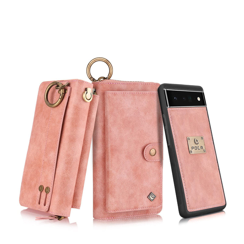 Compatible With Google Pixel 6 Pro Wallet Case 2 In 1 Magnetic Detachable Multi Function Zipper Leather Wallet Case Wiht 14 Card Slots Google Pixel 6 Pro Pink