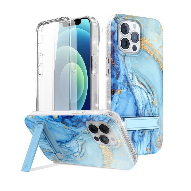 For Iphone 13 Pro Max Case Bocosy Marble With Adjustable Metal Kickstand 2 Way Stand Shockproof Protective Cases With Built In Screen Protector Blue Gold Glitter