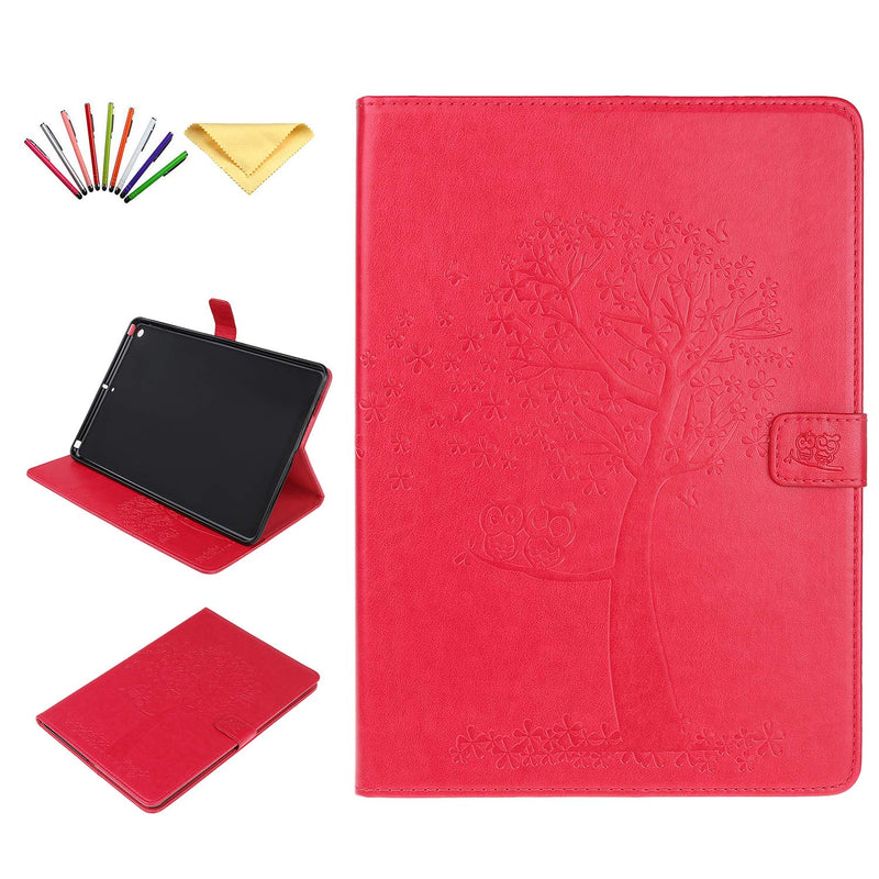 Case Fit For New Apple Ipad 10 2 Inch 2019 Ipad 7Th Generation Wallet Cover With Card Slots Pockets Embossed Pu Leather Tpu Shockproof Stand Magnetic Closure Shell Red Owls Flower Tree