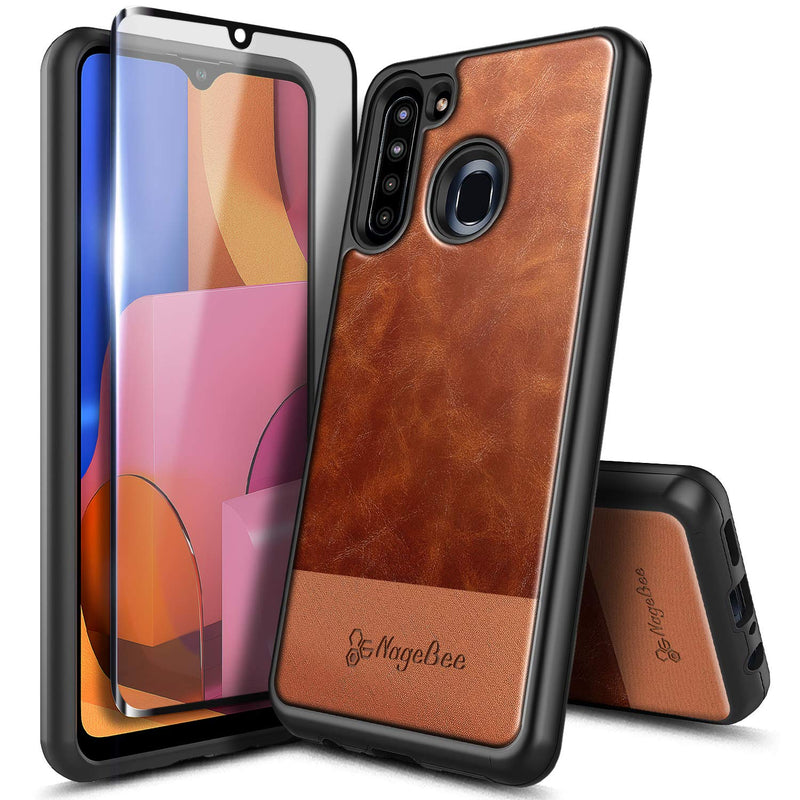 Case For Samsung Galaxy A21 With Tempered Glass Screen Protector Full Coverage Premium Cowhide Leather Hybrid Defender Shockproof Rugged Durable Cover Phone Case Brown