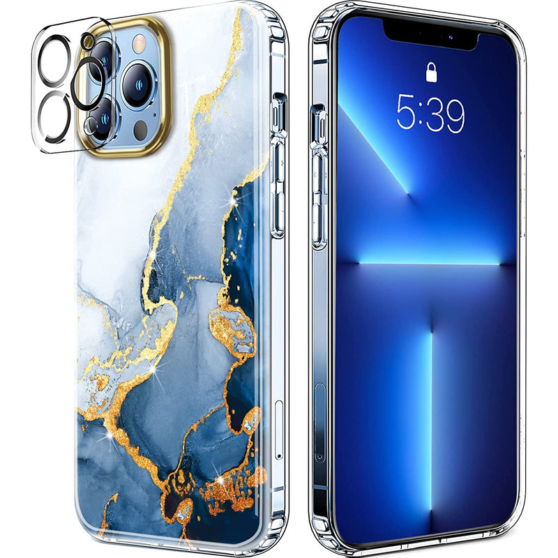 Luolnh Iphone 13 Pro Max Case Camera Lens Protector Glitter Marble Painting Design Shockproof Slim Anti Yellowing Hybrid Tpu Clear Bumper Durable Pc Back Cover Phone Case 6 7 Inch Dark Blue